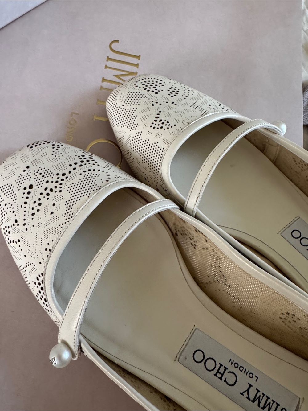 Jimmy Choo Cream Laser-Cut Pearl-Strap Mary Jane Flats